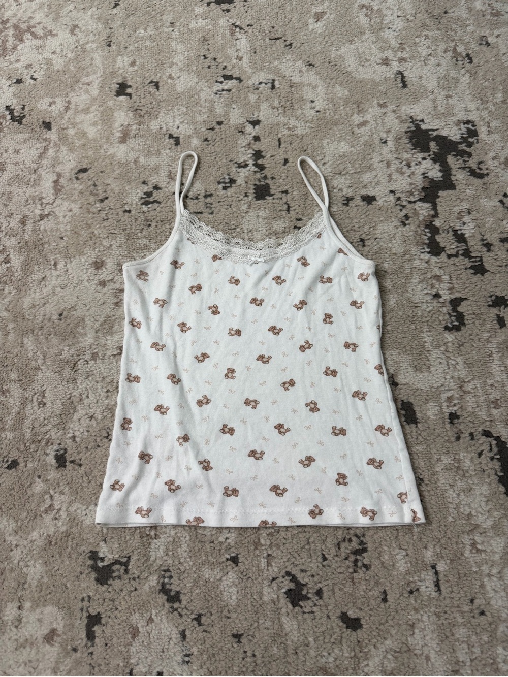 Brandy Melville White Teddy Bear Tank Top w/ Lace Detailing One Size